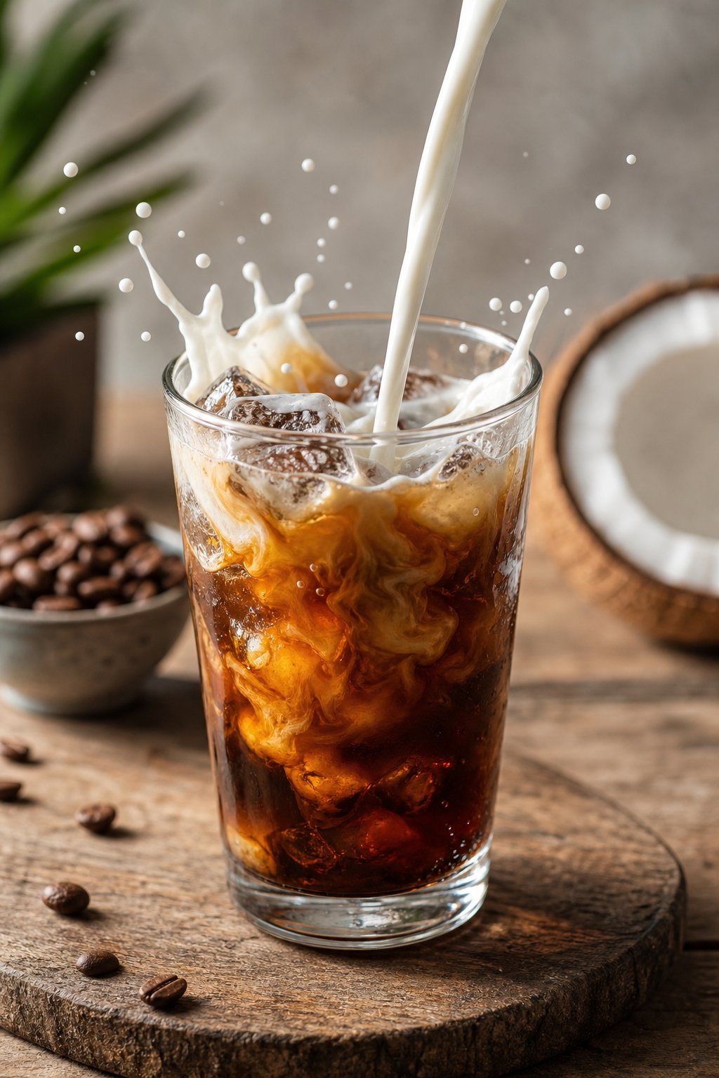 14 Iced Coffee Drinks Under 100 Calories That Still Taste Like a Treat 7 A glass of iced Americano coffee with a splash of coconut milk over ice on a wooden table, with coffee beans and a halved coconut in the background.