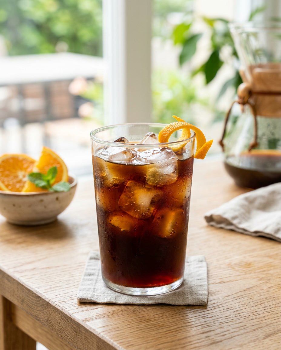 Summer Iced Coffee Recipes Under 100 Calories That Still Taste Like a Café Treat 3 A tall glass of iced Americano with large clear ice cubes and a curled orange zest twist resting on the rim, blurred orange slices and a coffee pot visible in the background on a wooden table.