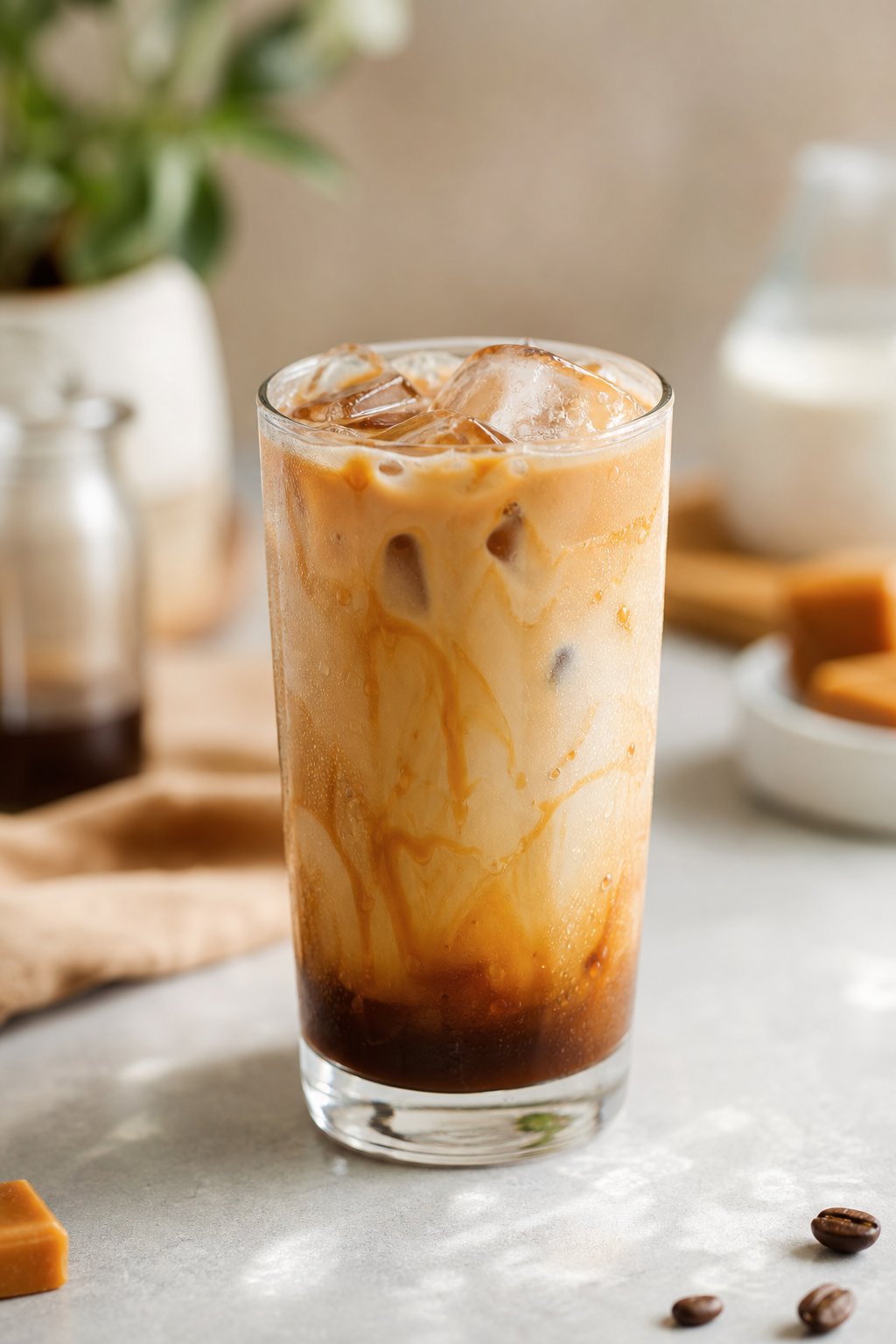 14 Iced Coffee Drinks Under 100 Calories That Still Taste Like a Treat 13 A tall glass of iced caramel coffee with ice cubes and creamy swirls on a light surface.