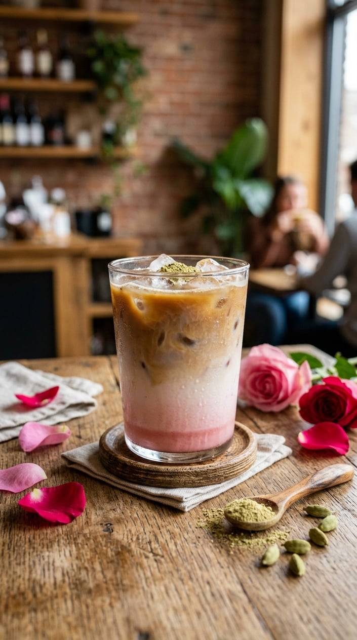Iced Latte Variations That Taste Like a Coffee Shop Splurge 8 A glass of pale pink iced latte with ice cubes, a dusting of ground cardamom on top, fresh rose petals and whole cardamom pods arranged around the base of the glass on a wooden surface.