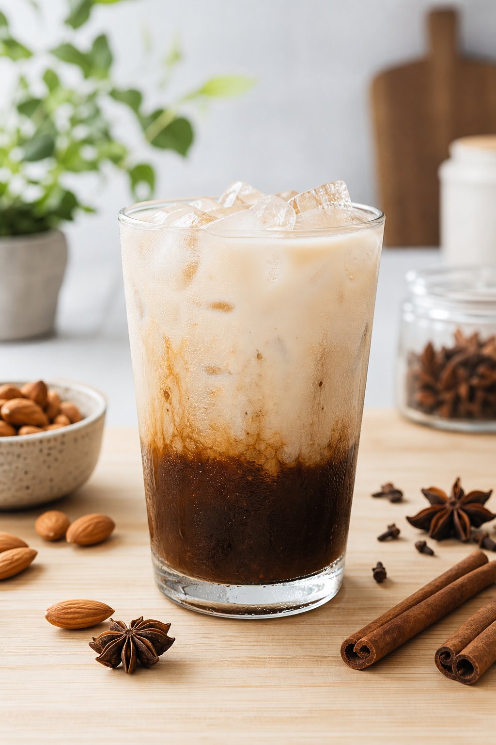 14 Iced Coffee Drinks Under 100 Calories That Still Taste Like a Treat 15 A clear glass of iced chai concentrate mixed with almond milk and ice cubes on a wooden table.