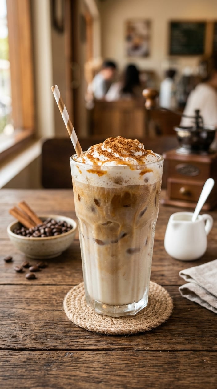 Iced Latte Variations That Taste Like a Coffee Shop Splurge 11 A glass of iced latte with a visible spiced brown layer of toasted cinnamon sugar dusted across the top, a cinnamon stick resting against the glass on a wooden table with a softly blurred café background.