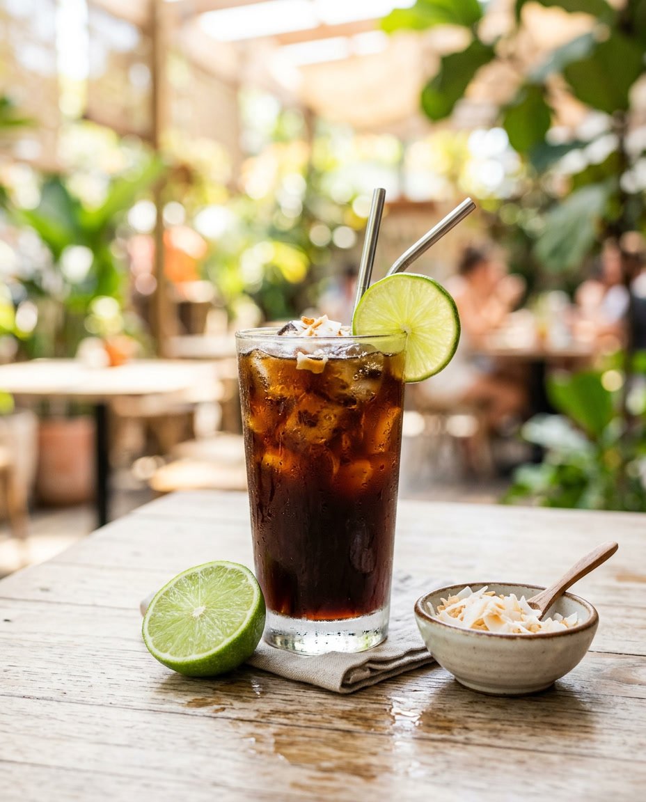 Summer Iced Coffee Recipes Under 100 Calories That Still Taste Like a Café Treat 14 A glass of iced black coffee with a lime wedge balanced on the rim and shredded coconut on the table beside a halved lime, placed on a warm wooden surface.