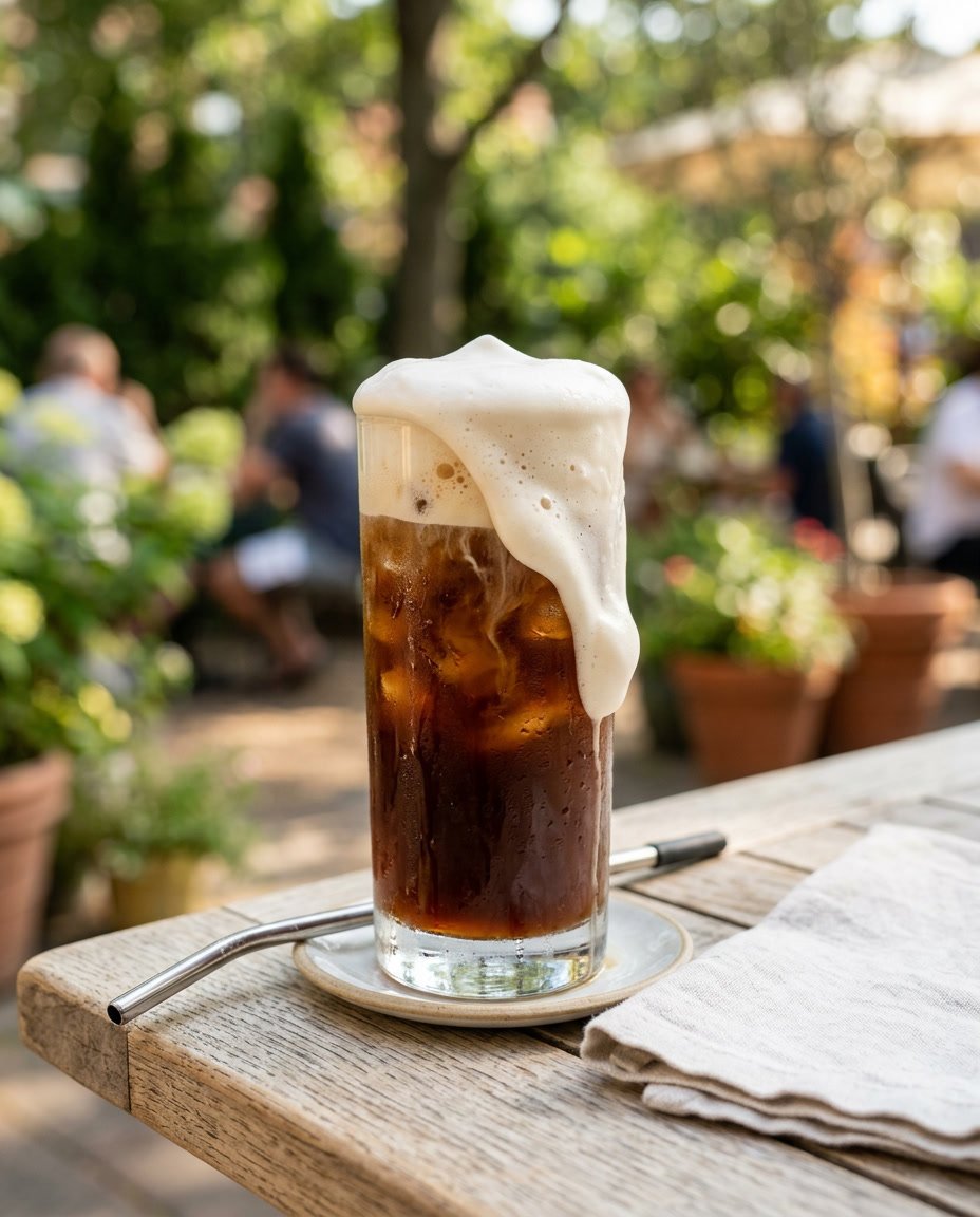Summer Iced Coffee Recipes Under 100 Calories That Still Taste Like a Café Treat 13 A tall glass of dark iced coffee with a thick white vanilla cold foam overflowing over the rim, placed on a wooden surface with a blurred warm outdoor background.