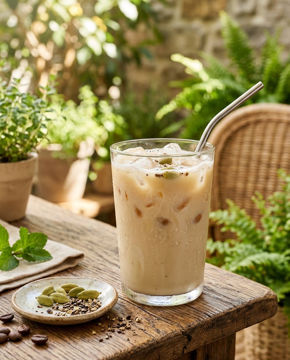 Summer Iced Coffee Recipes Under 100 Calories That Still Taste Like a Café Treat 10 A glass of iced Colombian single-origin coffee with large clear ice cubes and two whole green cardamom pods resting on the rim, set on a warm wooden surface.