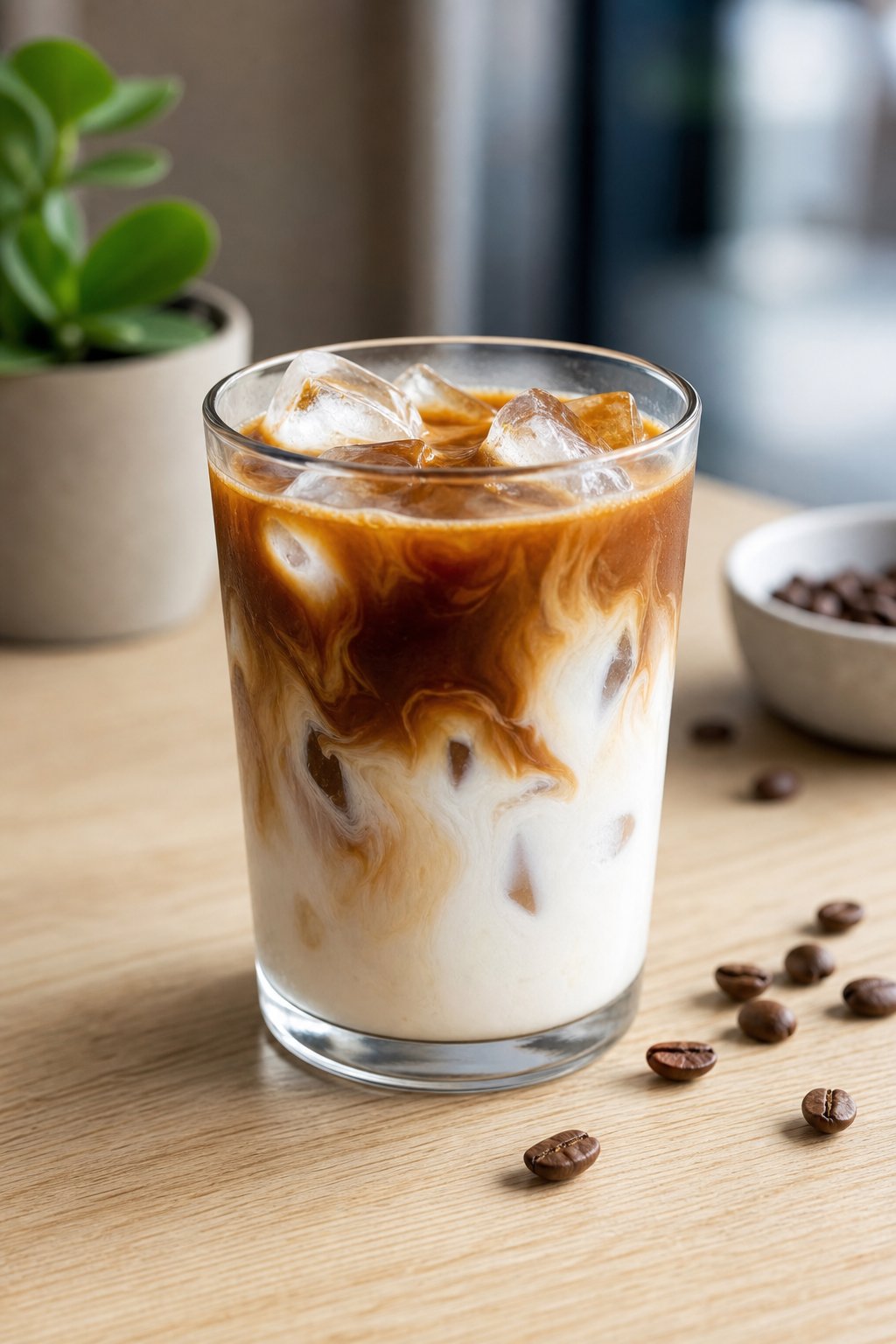 14 Iced Coffee Drinks Under 100 Calories That Still Taste Like a Treat 16 A glass of iced cortado cooler with espresso and evaporated skim milk over ice on a wooden surface.
