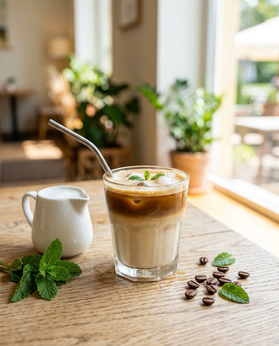 Summer Iced Coffee Recipes Under 100 Calories That Still Taste Like a Café Treat 11 A short glass of iced cortado with steamed skim milk poured over a dense layer of ice cubes, with mint leaves and coffee beans scattered on the wooden table beside it.