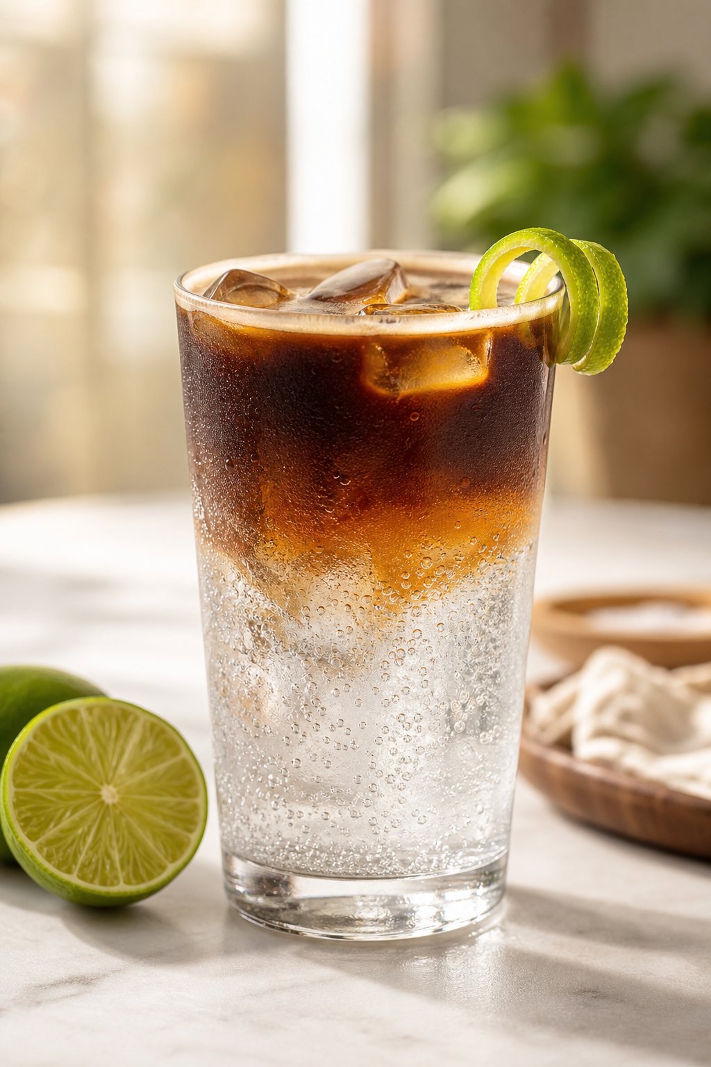 14 Iced Coffee Drinks Under 100 Calories That Still Taste Like a Treat 17 A tall glass of iced espresso tonic with a lime twist on the rim, placed on a light surface with a blurred background.
