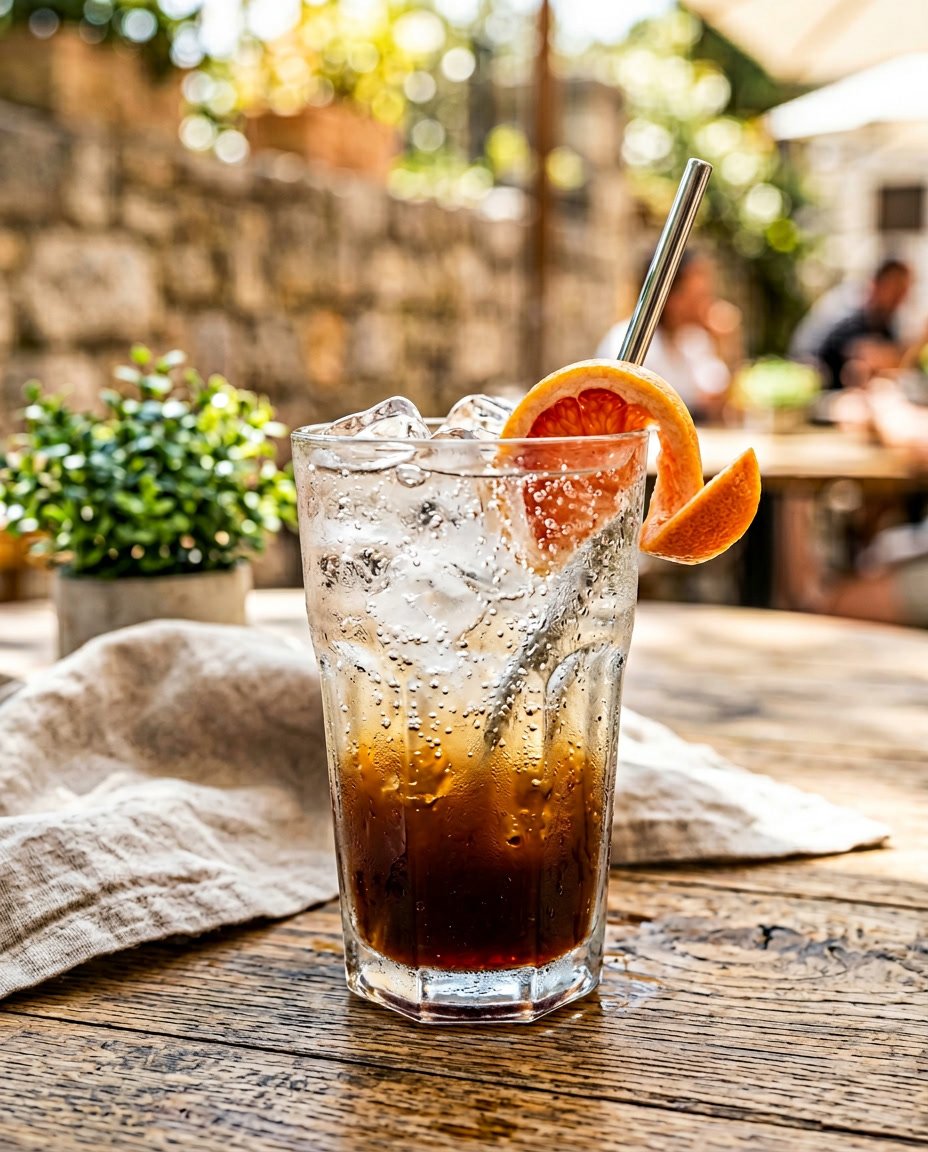 Summer Iced Coffee Recipes Under 100 Calories That Still Taste Like a Café Treat 9 A glass of iced espresso tonic with ice cubes and a wide grapefruit peel twist balanced on the rim, photographed on a bright white surface with sharp natural light.