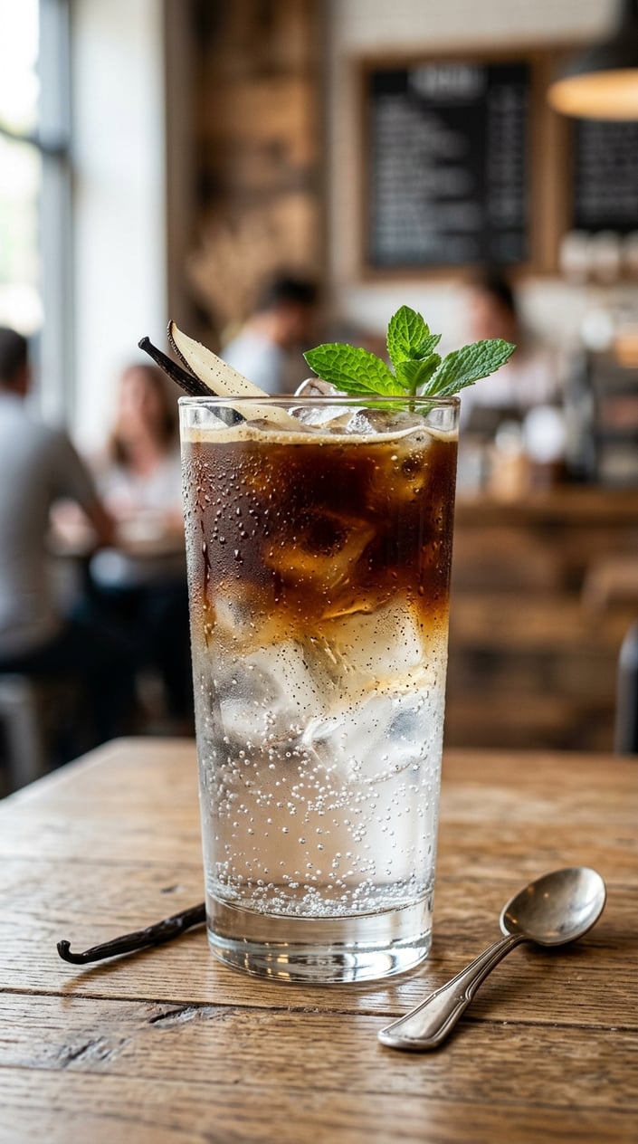 Iced Latte Variations That Taste Like a Coffee Shop Splurge 18 A tall glass of iced espresso tonic with visible carbonation bubbles rising through the liquid, dark espresso floating above the tonic water, small black vanilla bean specks in the syrup layer, ice cubes and a lemon twist resting on the wooden table.