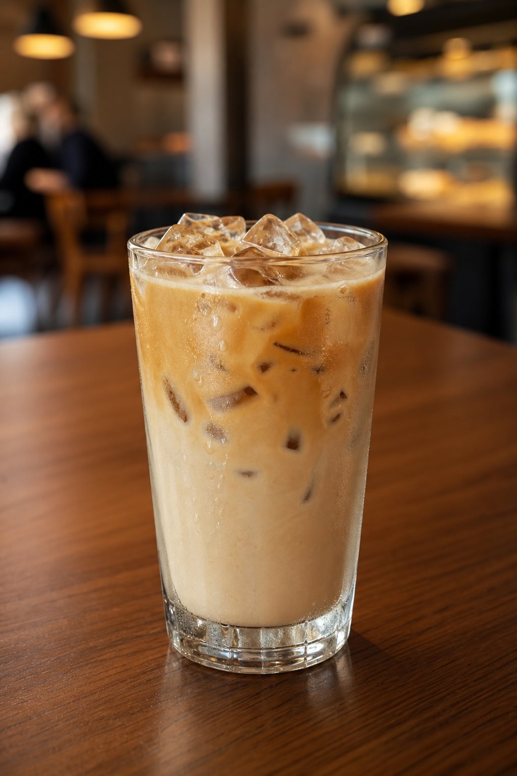 14 Iced Coffee Drinks Under 100 Calories That Still Taste Like a Treat 9 A clear glass of iced flat white coffee with ice cubes on a wooden table in a café setting.