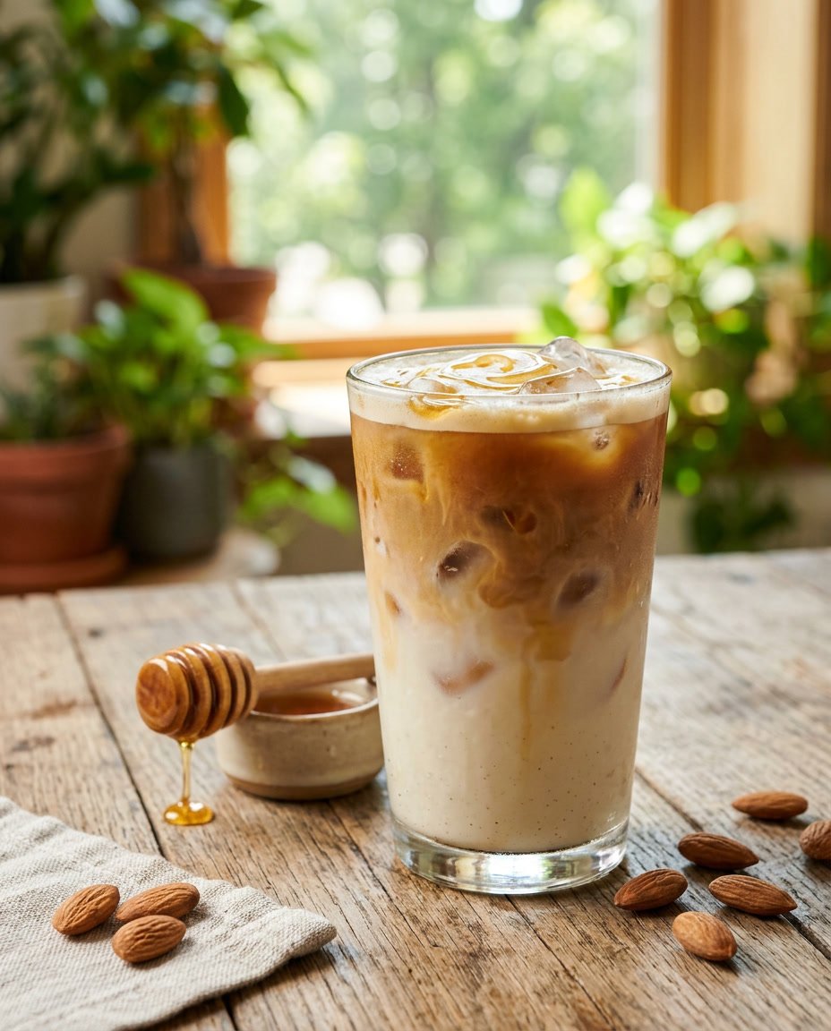 Summer Iced Coffee Recipes Under 100 Calories That Still Taste Like a Café Treat 6 A glass of iced honey-almond latte with rounded ice cubes on a wooden table, with whole almonds scattered nearby and a wooden honey dipper resting against the glass.