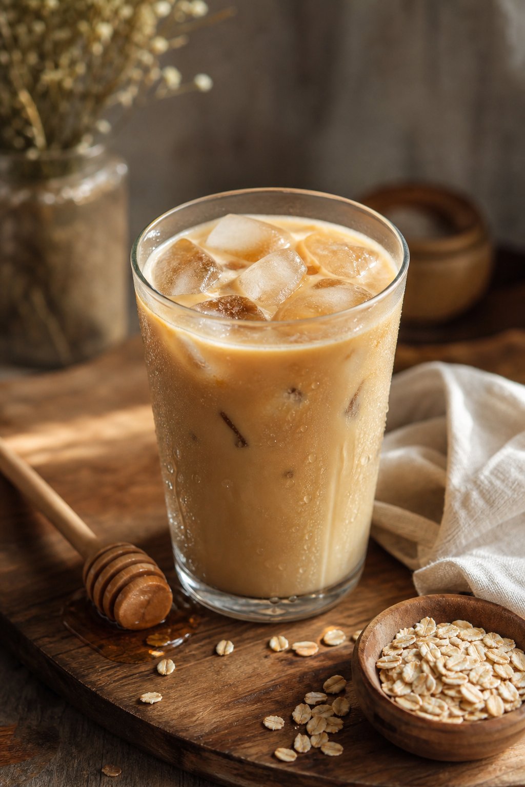 14 Iced Coffee Drinks Under 100 Calories That Still Taste Like a Treat 12 Iced honey oat latte in a clear glass with ice on a wooden table, accompanied by a honey dipper and oat grains.