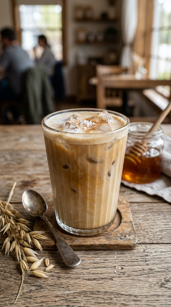 Iced Latte Variations That Taste Like a Coffee Shop Splurge 4 A clear glass of iced honey oat milk latte with visible ice cubes and a light dusting of flaky sea salt on top, honey jar and dried oat stalks arranged beside it on a wooden table.