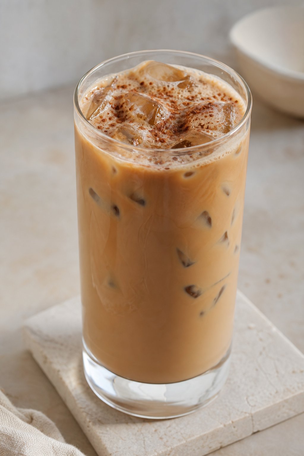 14 Iced Coffee Drinks Under 100 Calories That Still Taste Like a Treat 11 A clear glass of iced latte with cocoa powder on top, filled with ice and creamy oat milk.