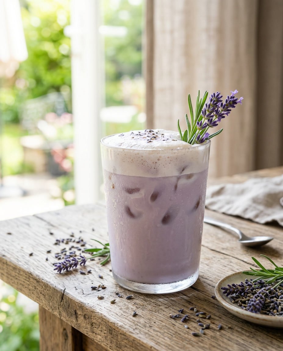 Summer Iced Coffee Recipes Under 100 Calories That Still Taste Like a Café Treat 12 A glass of pale purple iced lavender latte with ice and a fresh lavender sprig resting on top, surrounded by dried lavender buds scattered on the wooden table.