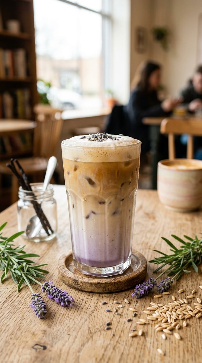 Iced Latte Variations That Taste Like a Coffee Shop Splurge 9 A glass of pale purple-tinted iced latte with oat milk and ice, fresh lavender sprigs and split vanilla beans resting on the wooden table beside it.