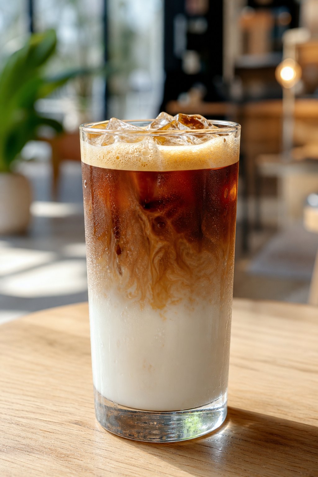 14 Iced Coffee Drinks Under 100 Calories That Still Taste Like a Treat 8 A tall glass of iced macchiato with layers of espresso, frothy skim milk, and ice cubes on a wooden surface.