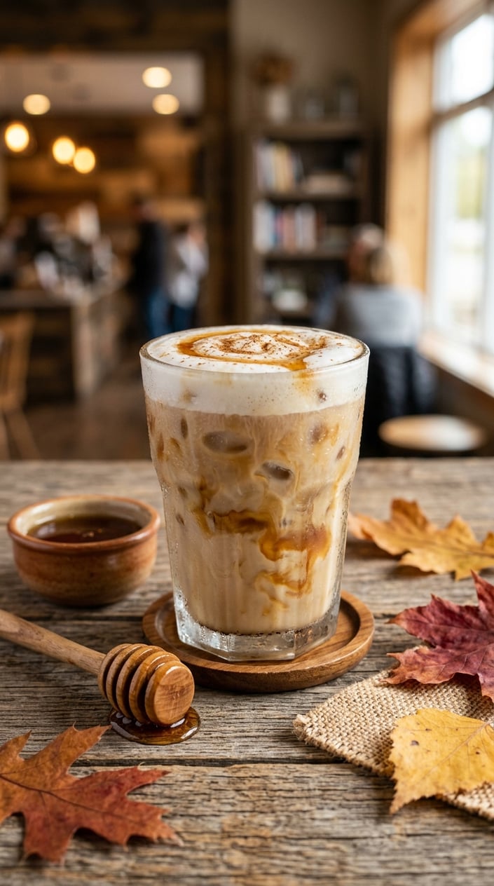 Iced Latte Variations That Taste Like a Coffee Shop Splurge 16 A glass of iced maple latte with frothy oat milk, a thin drizzle of dark maple syrup over the top, a small bottle of cocktail bitters and fallen autumn leaves arranged beside it on a wooden table.