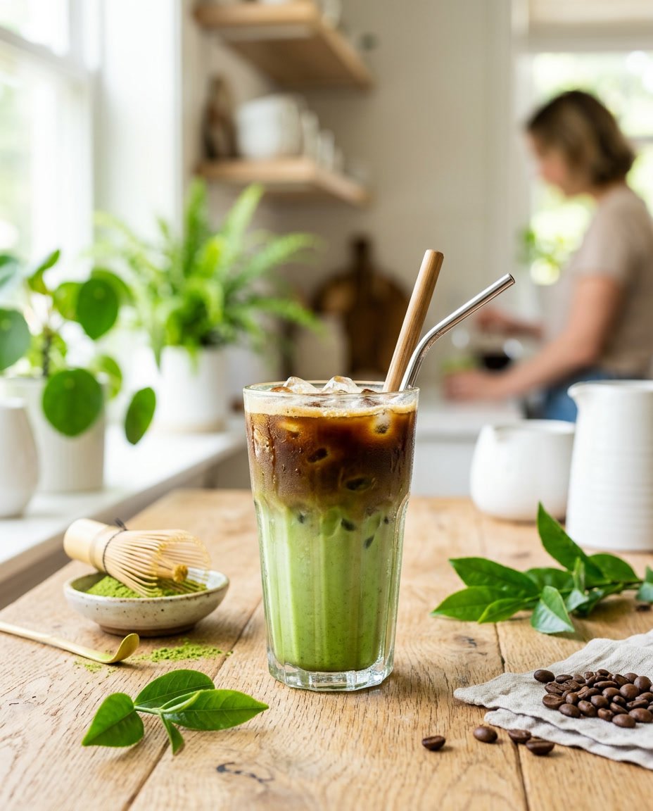 Summer Iced Coffee Recipes Under 100 Calories That Still Taste Like a Café Treat 7 A tall glass of iced matcha coffee showing a distinct layered green-and-brown swirl with ice cubes, set on a wooden table surrounded by green tea leaves and roasted coffee beans.