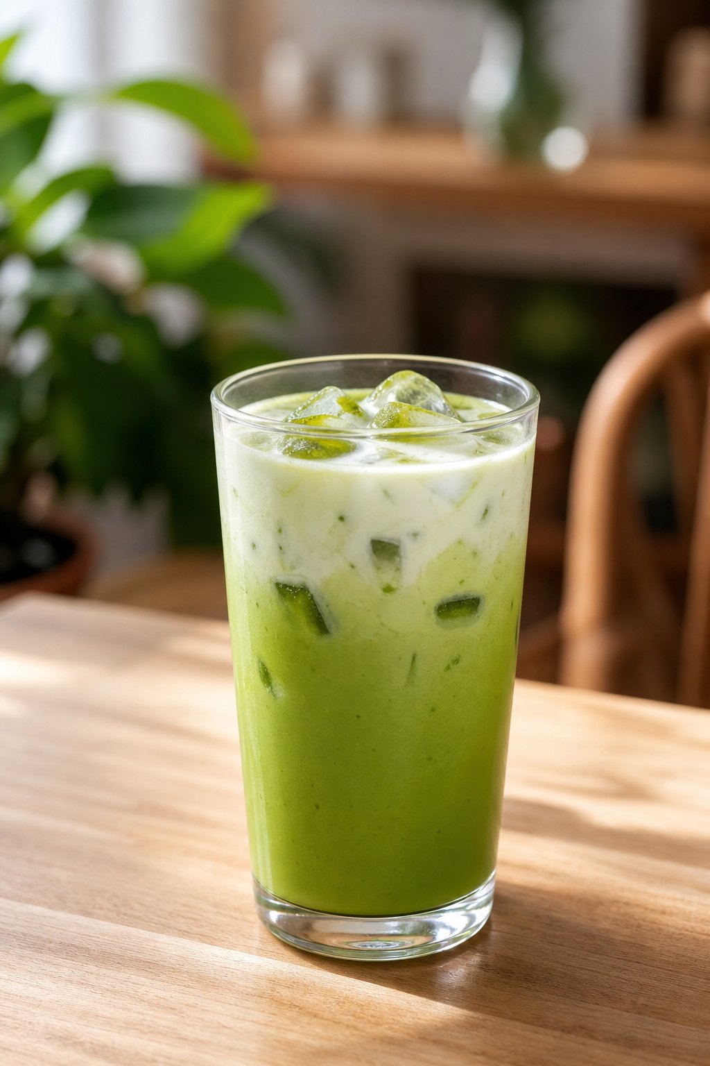 14 Iced Coffee Drinks Under 100 Calories That Still Taste Like a Treat 14 A glass of iced matcha latte with green matcha, ice cubes, and oat milk on a wooden surface with a blurred cafe background.