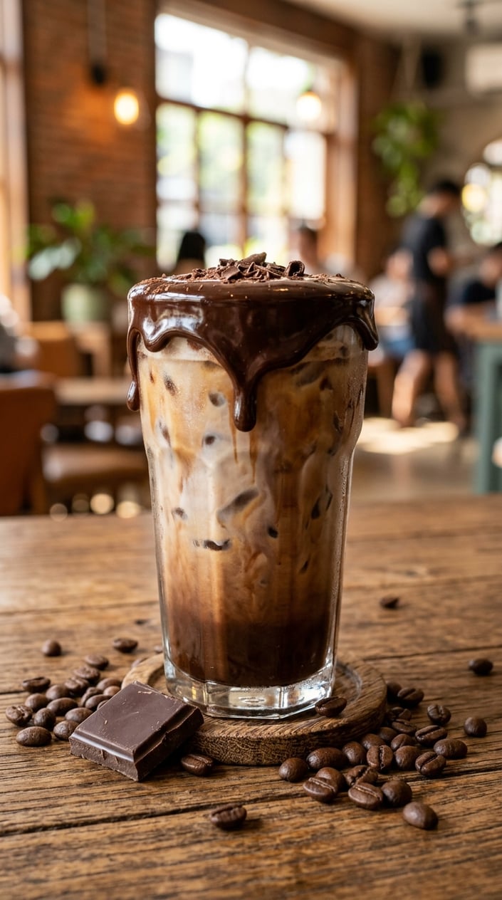 Iced Latte Variations That Taste Like a Coffee Shop Splurge 10 A tall glass of iced mocha with a deep brown chocolate layer visible through the glass, a shard of dark chocolate resting against the rim, coffee beans placed on the wooden surface beside it.