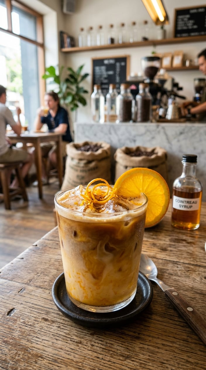 Iced Latte Variations That Taste Like a Coffee Shop Splurge 17 A glass of iced latte with a bright orange garnish curled over the rim, milk and espresso layers visible through the glass, grated orange zest dusted across the surface, wooden table in a warm-lit café setting.