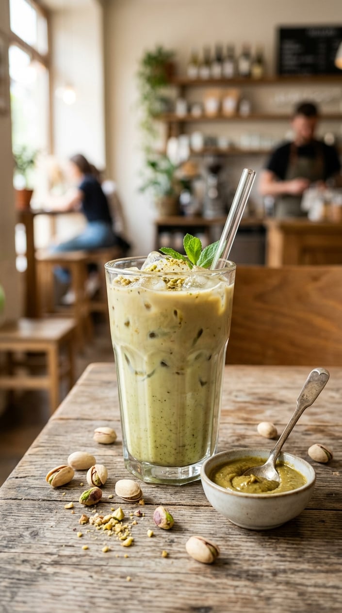 Iced Latte Variations That Taste Like a Coffee Shop Splurge 12 A glass of pale green iced pistachio latte over ice, a small bowl of smooth pistachio paste and a handful of shelled roasted pistachios arranged on the wooden table alongside it.
