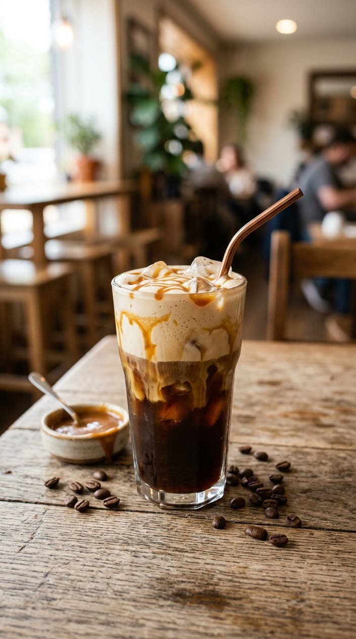 Iced Latte Variations That Taste Like a Coffee Shop Splurge 6 A glass of iced caramel latte with a thick cloud of salted cold foam sitting above the milk line, caramel drizzle spiraling over the foam, coffee beans scattered on the wooden table beside it.