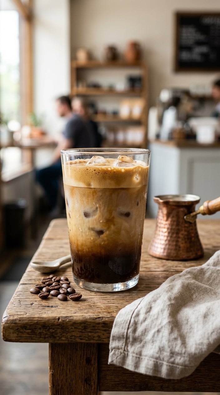 Iced Latte Variations That Taste Like a Coffee Shop Splurge 15 A glass of iced Turkish-style coffee latte with a visible foam crema layer resting on top of cold milk and ice, small copper pot and coffee beans blurred in the background on a wooden table.