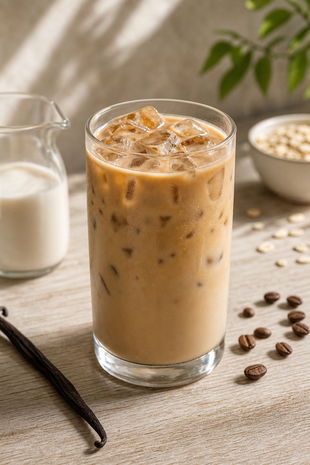 14 Iced Coffee Drinks Under 100 Calories That Still Taste Like a Treat 4 A glass of iced vanilla oat latte with ice cubes on a wooden table, surrounded by vanilla pod, coffee beans, and a small jug of oat milk.