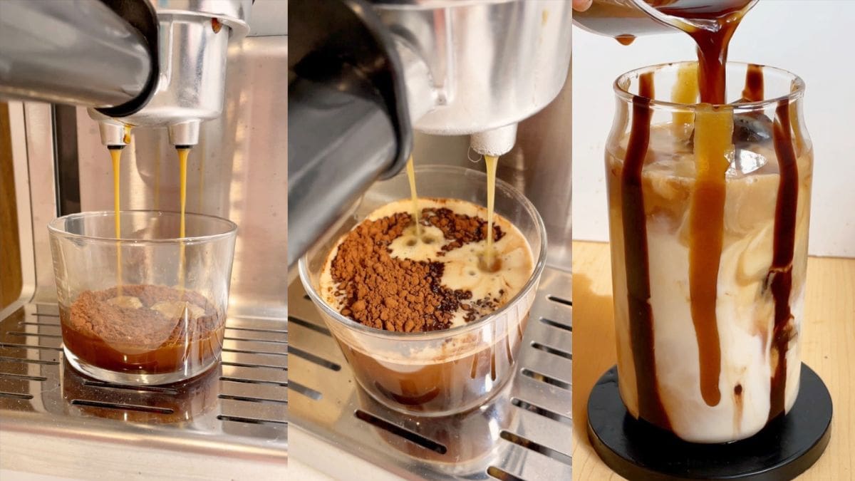 making the espresso and pouring it and the cocoa mixture into the glass of milk and ice