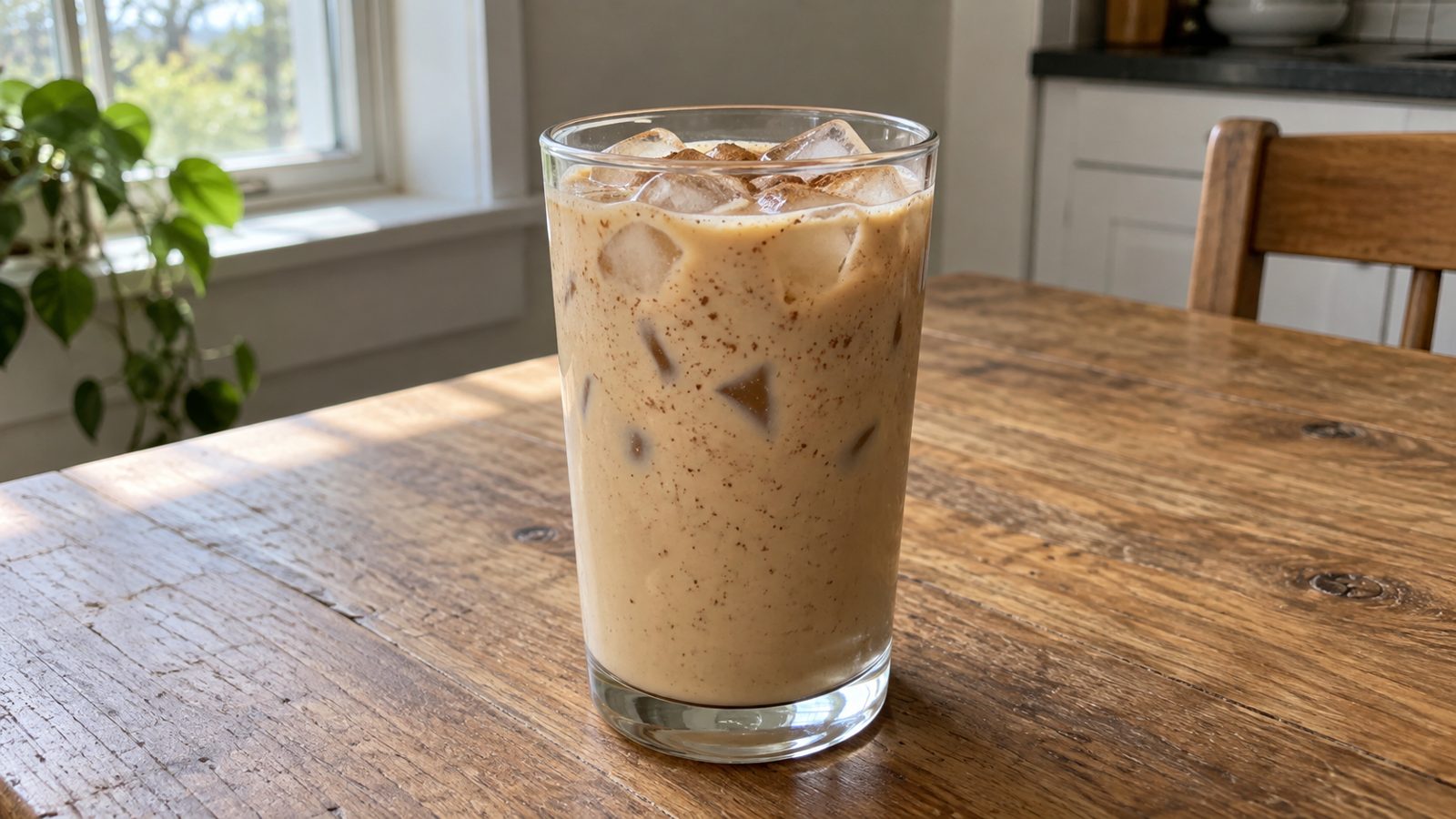 6 Protein Coffee Recipes: Iced Lattes, Mocha and Smoothies 7 Maple Cinnamon Protein Latte in a clear glass on a kitchen counter