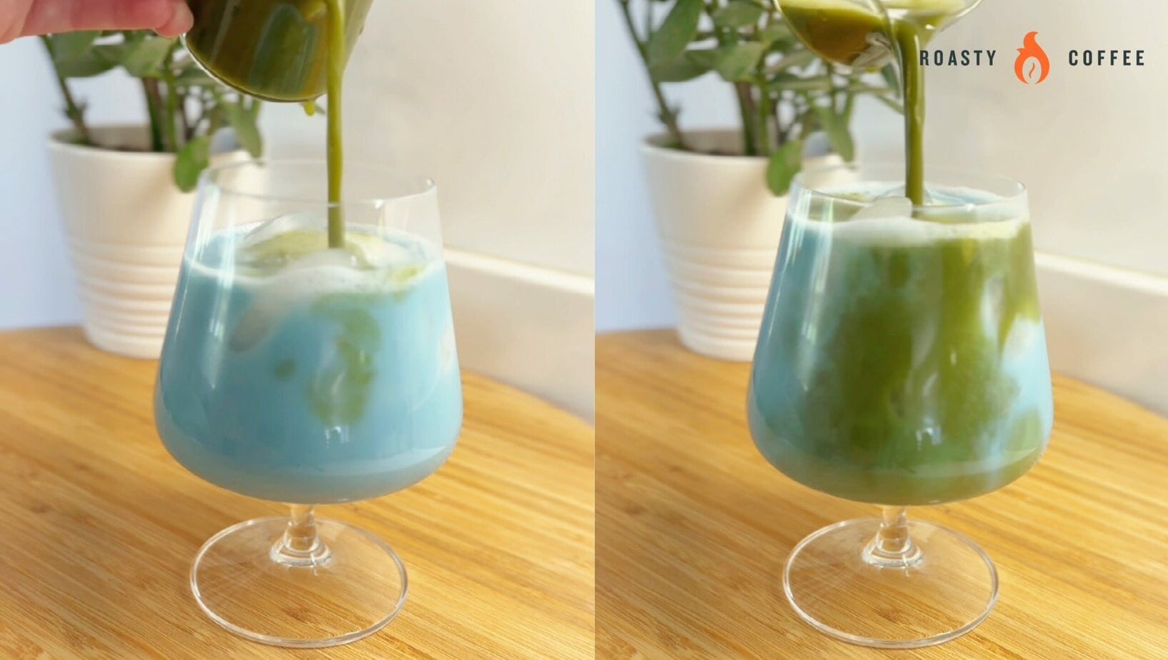pouring matcha shot into a glass with ice and milk