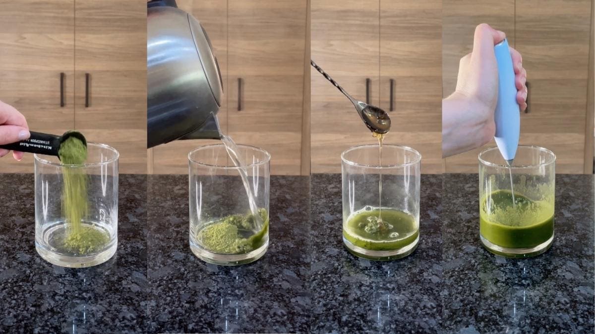 Put matcha powder, hot water, and honey into one of the glasses and mix until smooth