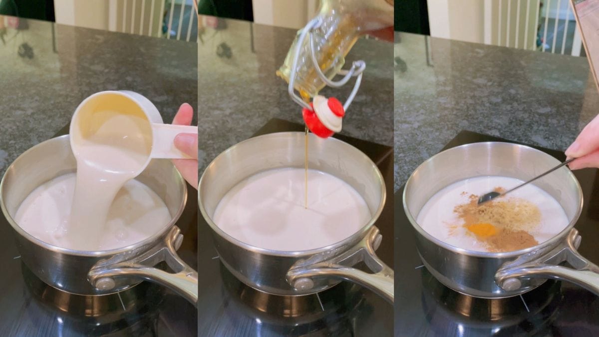 Pouring the milk, sugar, cinnamon, ginger, vanilla extract, and turmeric into a saucepan.