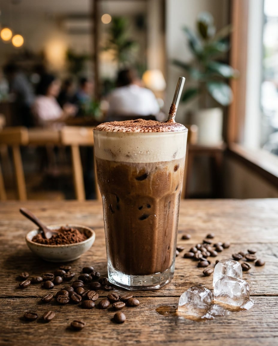 Summer Iced Coffee Recipes Under 100 Calories That Still Taste Like a Café Treat 5 A tall glass of mocha cold brew with a layer of creamy foam and a fine dusting of dark cocoa powder on top, placed on a wooden table surrounded by coffee beans and loose cocoa powder.