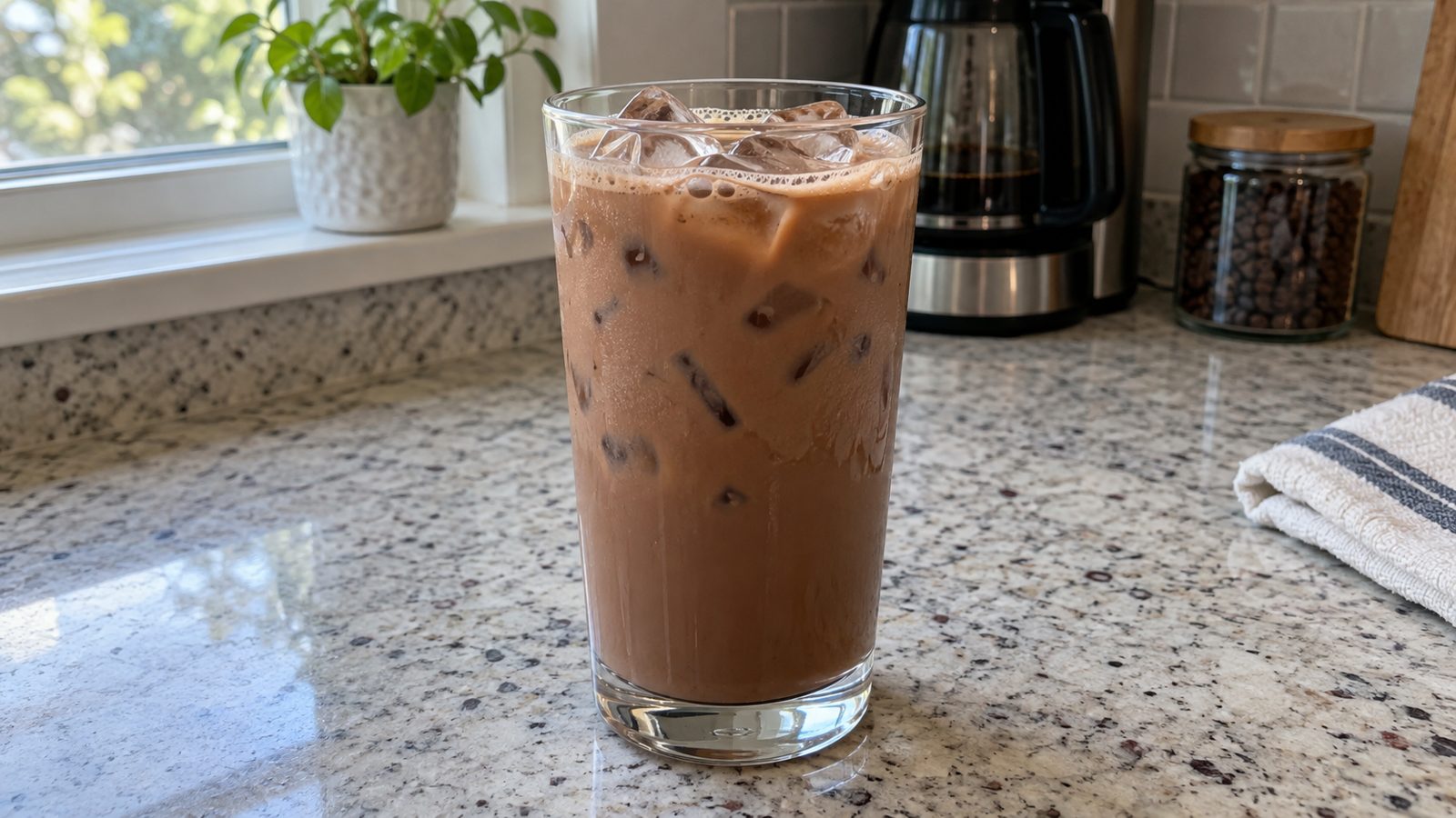 6 Protein Coffee Recipes: Iced Lattes, Mocha and Smoothies 4 Chocolate Mocha Protein Coffee in a clear glass on a kitchen counter