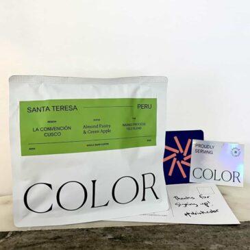 Color Coffee Roasters Subscription Review: Taste the Rainbow 2 packaging-of-Santa-Teresa-Peru-coffee-a-funny-postcard-and-a-couple-of-stickers-scaled