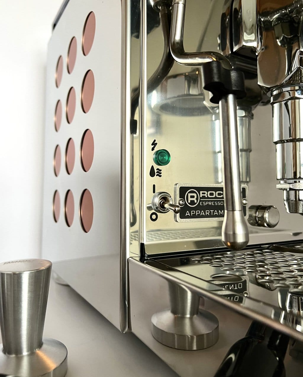 Rocket Espresso Appartamento coffee machine close-up at an angle