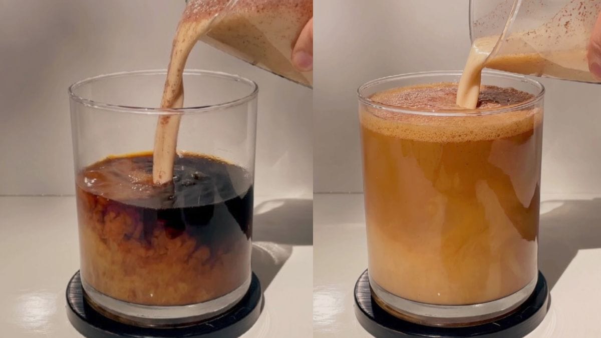 pouring mixture into a glass of coffee