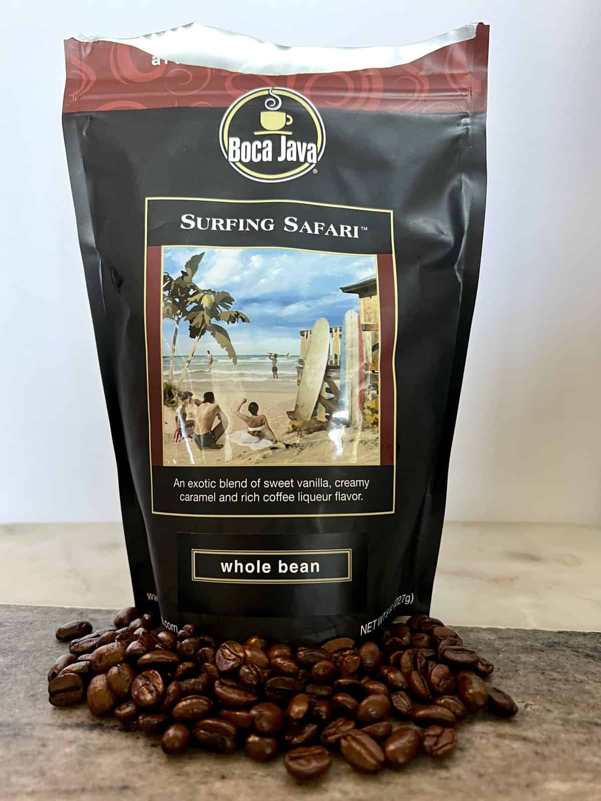 Boca Java Subscription Review: Specialty Flavored Coffees 9 the-open-side-of-the-Surfing-Safari-coffee-package-rests-on-the-coffee-beans-scaled