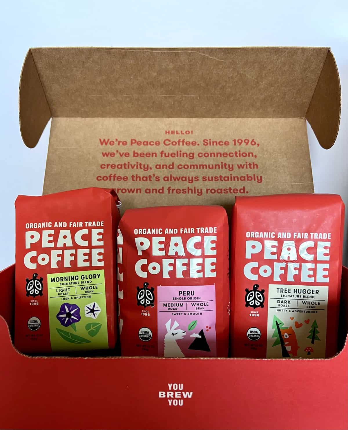 Peace Coffee Review: Our Take on This Fair Trade Coffee 17 three different packs of Peace Coffee in a shipping box