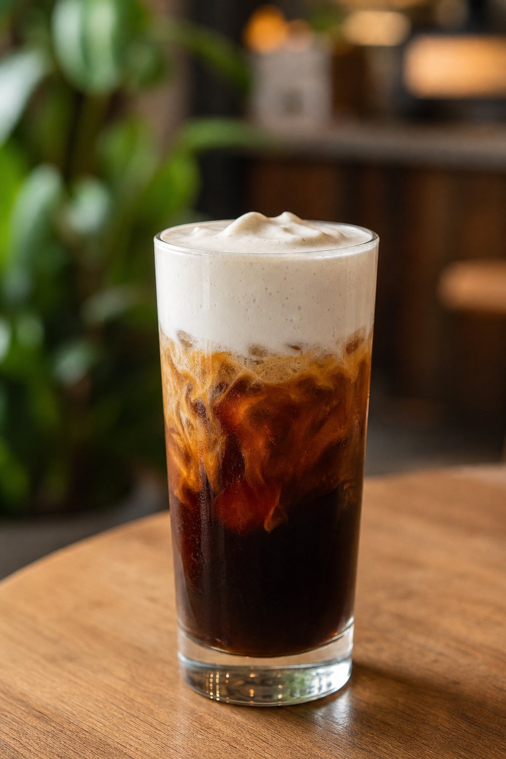 14 Iced Coffee Drinks Under 100 Calories That Still Taste Like a Treat 10 A tall glass of vanilla cold foam iced coffee on a wooden table with a blurred cafe background.