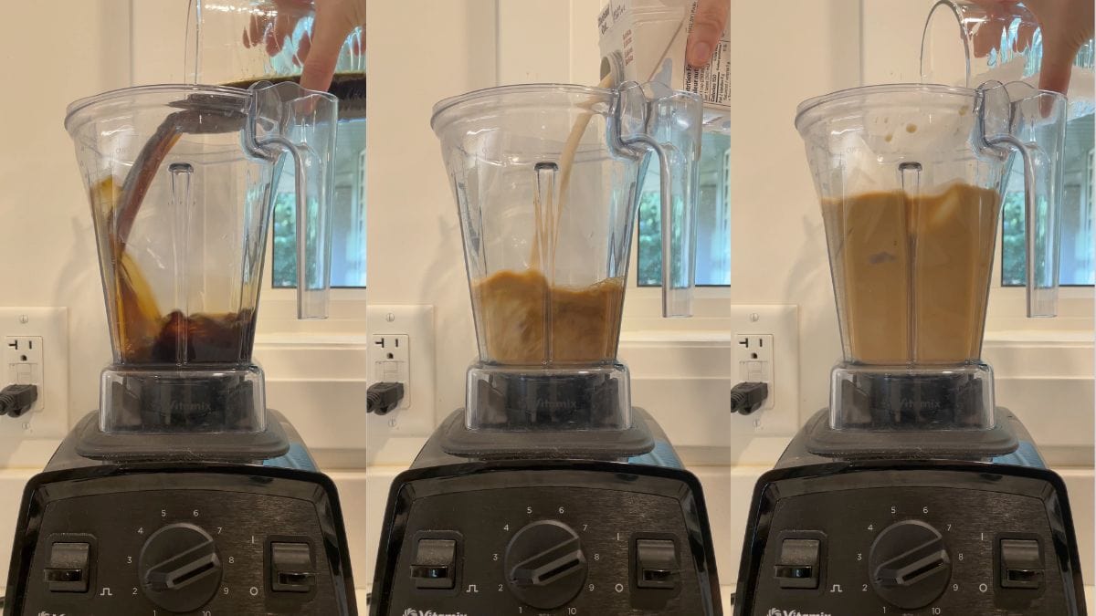 Pouring the sweet, vanilla-infused coffee mixture into a blender, add creamer and a few cubes of ice