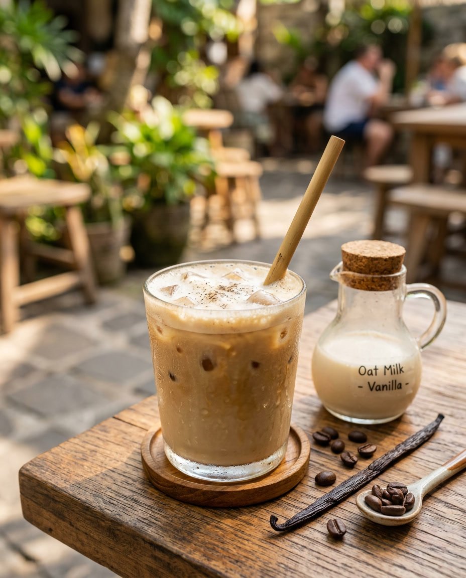 Summer Iced Coffee Recipes Under 100 Calories That Still Taste Like a Café Treat 4 A glass of pale golden vanilla oat iced latte with rounded ice cubes on a wooden table, surrounded by scattered coffee beans and a split vanilla pod.