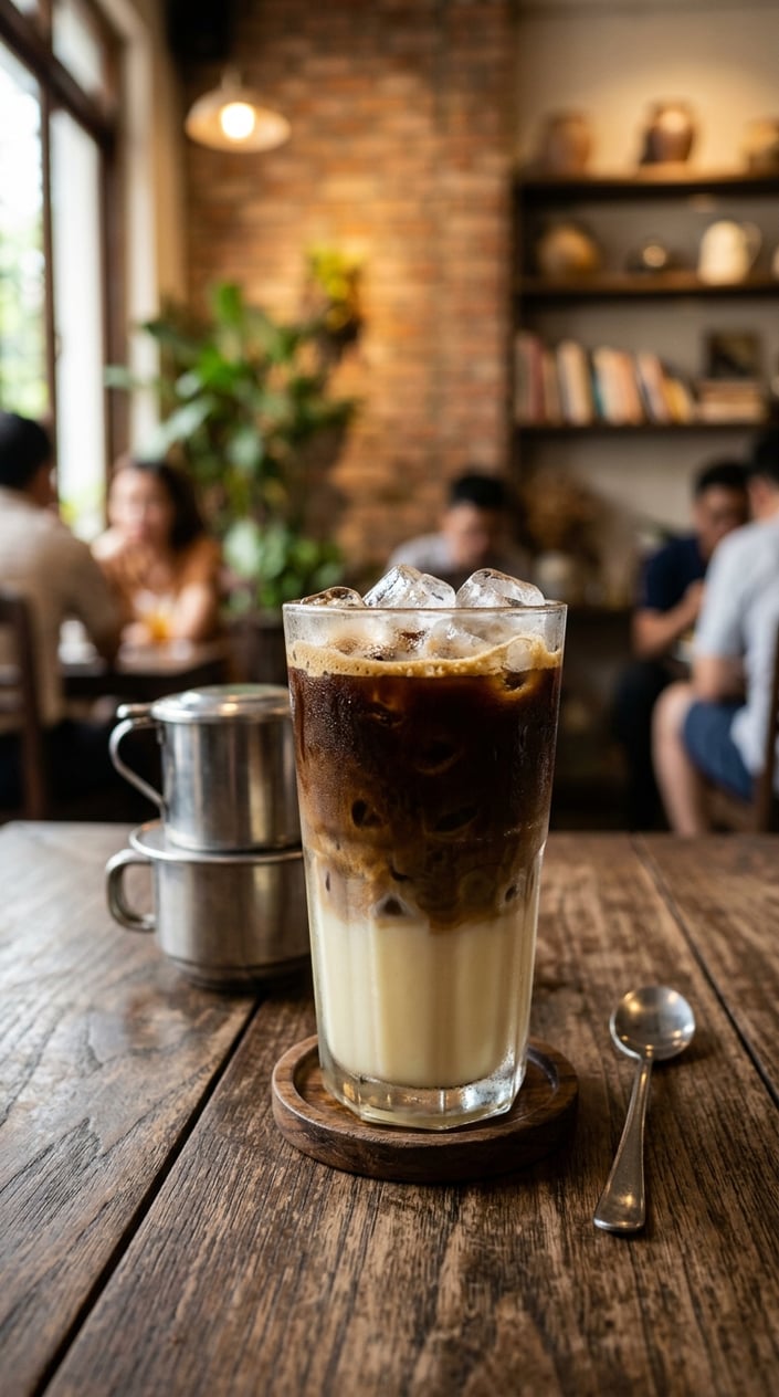 Iced Latte Variations That Taste Like a Coffee Shop Splurge 5 A tall glass of Vietnamese iced latte showing a distinct layered gradient from dark coffee at the top to creamy white condensed milk at the bottom, set on a wooden table.