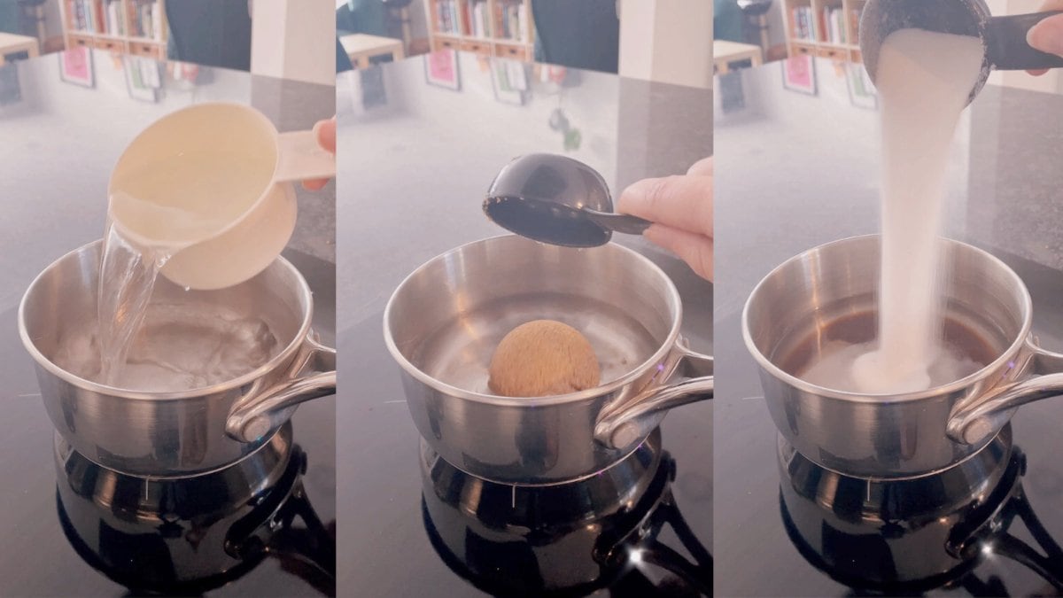 Heating water and the white and brown granulated sugar in a saucepan