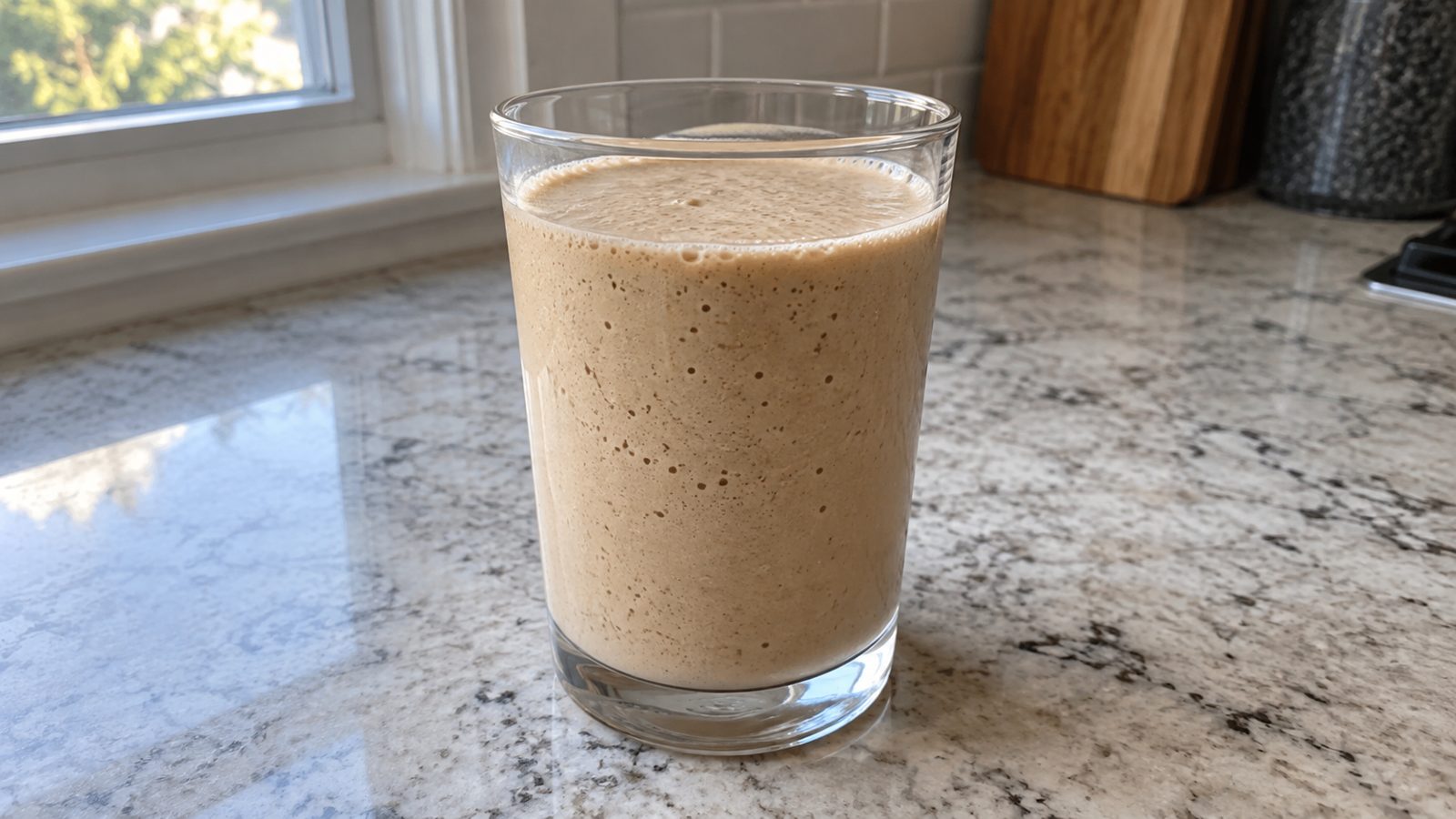 6 Protein Coffee Recipes: Iced Lattes, Mocha and Smoothies 13 Vanilla Greek Yogurt Coffee Smoothie in a clear glass on a kitchen counter